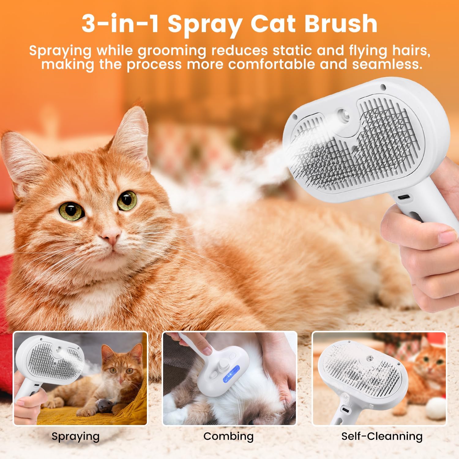 3‑in‑1 Cat Steam Brush – Pet Spray & Hair Removal Comb.