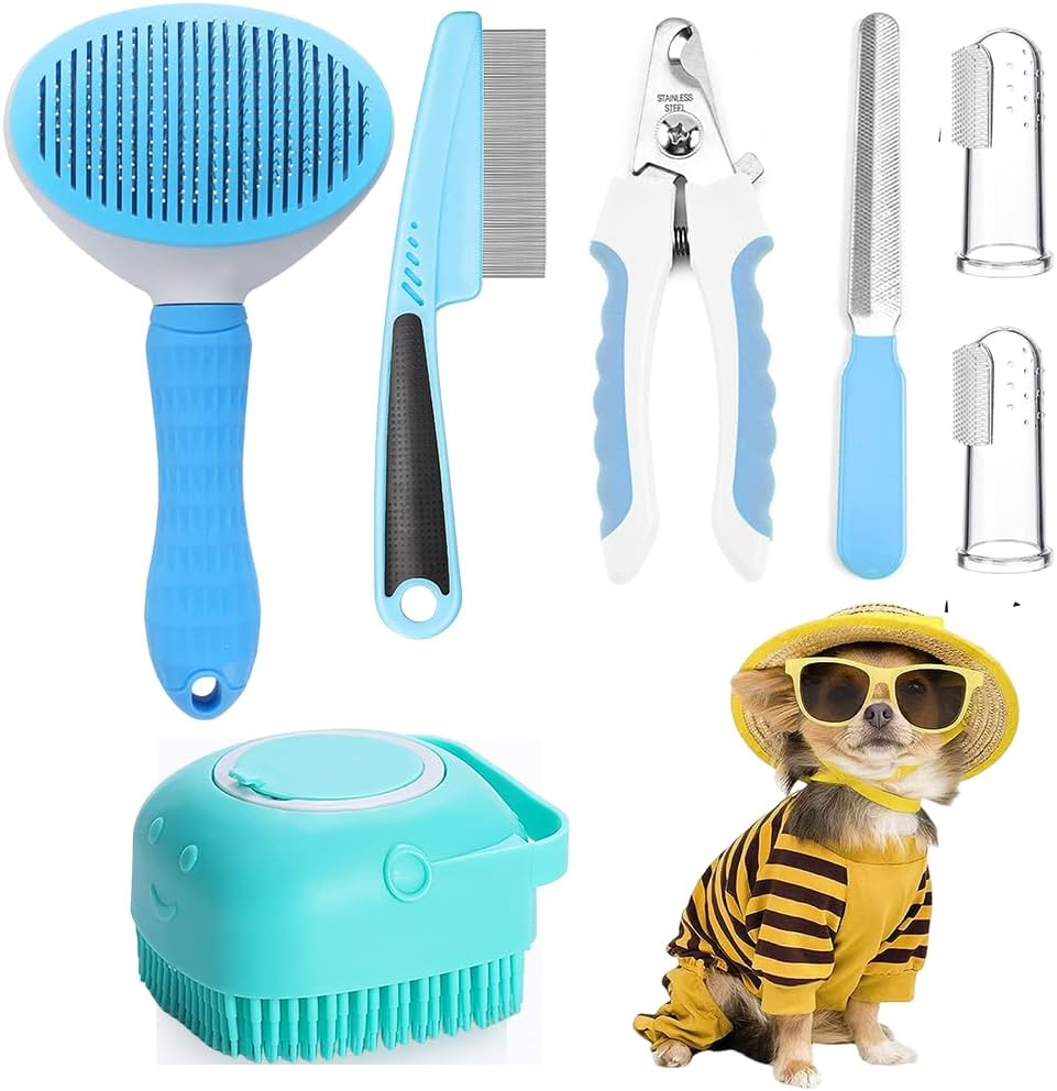 7PCS Premium Pet Grooming Kit for Dogs & Cats – Self Cleaning Slicker Brush, Nail Clipper, Flea Comb & Bath Grooming Set