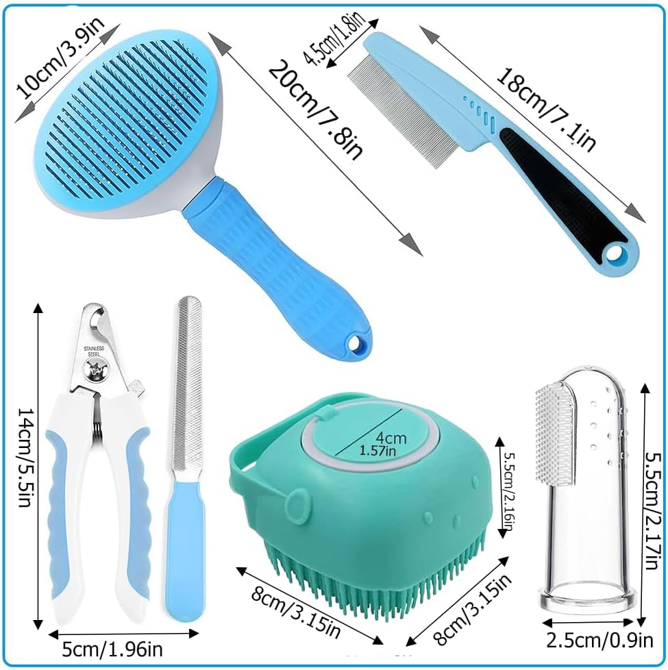 7PCS Premium Pet Grooming Kit for Dogs & Cats – Self Cleaning Slicker Brush, Nail Clipper, Flea Comb & Bath Grooming Set